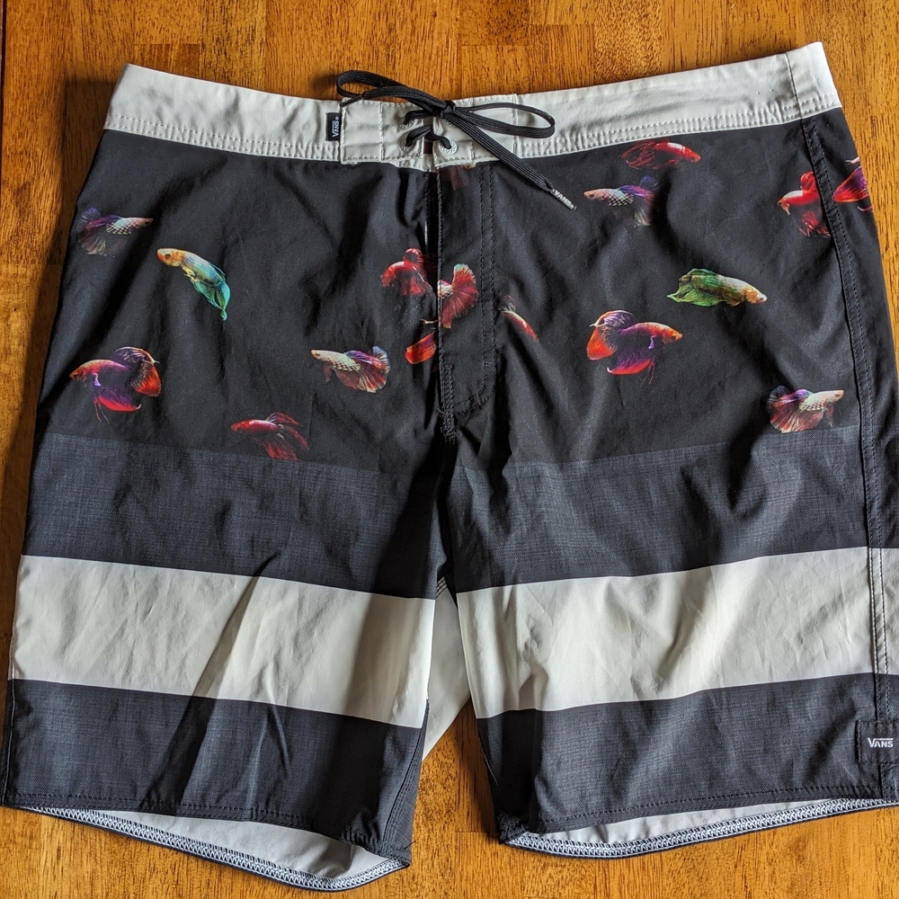 Vans Men's Black Swim Shorts with Colorful Fish Design